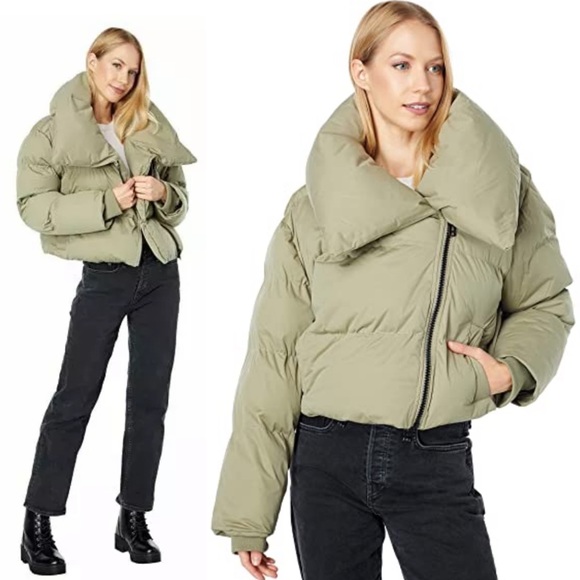 Avec Les Filles Jackets & Blazers - Avec Les Filles NWT Cropped Puffer Jacket Coat rosemary sage green asymmetric